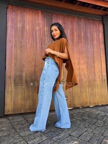 SJD MODA LADY Mom Jeans Wide Leg Simple Casual Pants - 中等水洗藍 - 查看 4