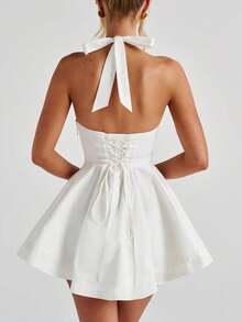 Corset Dresses For Women Halter Neck Backless Mini Dress Sleeveless A Line Formal College Graduation Dress - White - View 3