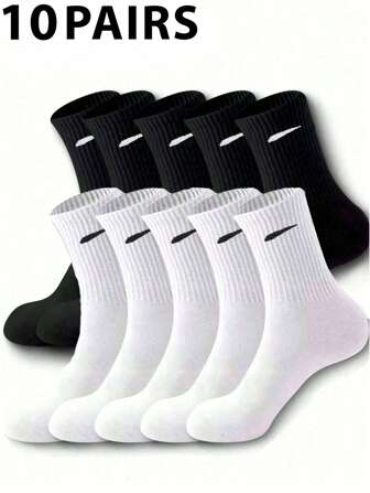 10 Pairs Unisex Street Style Black & White Striped Casual Socks, Simple & Fashion, Breathable Moisture-Wicking Mid-Calf Socks For Couples, Fall