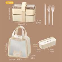 1pc 1440ML Double-Layer Plastic Bento Box With Cutlery Set & Lunch Bag & Sauce Box, Portable Square Lunch Box With Compartments, Leak Proof Fruit Salad Food Storage Container, Dishwasher & Microwave Allowable Lunch Container, Suitable For Student And Adult Use In Home, School, Dorm, Office, Outdoor Camping, Picnic, Travel, Back To School