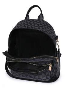 Women's Design Rhombus Pattern Large Capacity Backpack, Casual Shoulder Bag, Commuter Bag, Student Backpack, Mother Bag - Black - View 9