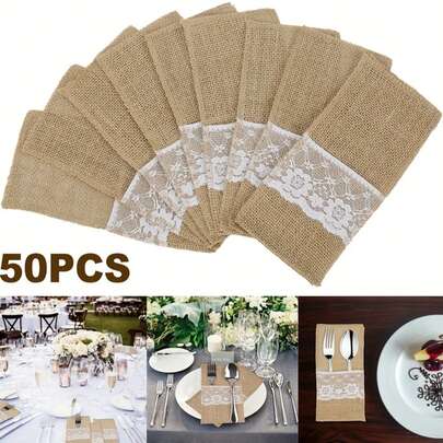 10/20/50 ชิ้น/ชุด ถุงผ้าลินินสำหรับชุดอุปกรณ์รับประทาน ถุงผ้าลินินสำหรับมีดและส้อม พร้อมลูกไม้ ถุงเก็บอุปกรณ์รับประทานที่มีลูกไม้ ถุงผ้าสำหรับอุปกรณ์รับประทานและผ้านาปกิน สำหรับขนมเทศกาลคริสต์มาส ตกแต่งโต๊ะงานแต่ง ขนาด 21*11 ซม.