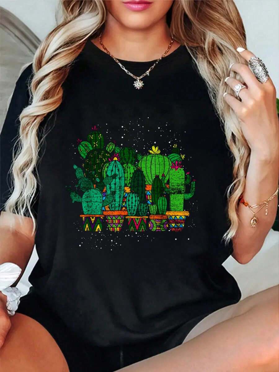 Cactus Gardening-Shirt Summer Outfits Women Shirts Women Graphic Tees Women - Black - View 1