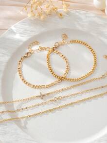 5pcs High-Quality Cubic Zirconia Cross Decorated Multilayer Bracelet, Fashionable, Suitable For Women's Parties, Gatherings, Daily Wear, Holidays, And Gifts - Yellow Gold - View 4