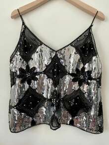 Women Y2K Sequin Cami Top Sparkly V Neck Tank Top Backless Glitter Crop Tops Floral Rhinestone Clubwear - 黑與白 - 查看 1