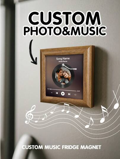 1pc Customized Music Album Refrigerator Magnet, Customized Photo Refrigerator Magnet, Personalized Refrigerator Magnet With Music Player, Wooden Frame, Refrigerator Magnet Can Play Songs, Home Decor, 6 Background Colors Available, Unique Gift For Couples, Mother's Day, Father's Day, Music Lovers, Mom, Dad, Thanksgiving, Christmas, Anniversary, Birthday, For Him, For Her, Printed Pattern