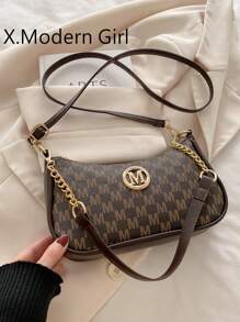 2025, New Fashion Classic Pu Waterproof Fabric M Letter Print Design Metal Chain Decoration Shoulder Crossbody Bag. Suitable For Shopping, Purse, Students, Young Women, Office Women. Perfect For Office, College, Work, Business, Commuting, Outdoor Activities, Travelling And Picnics.