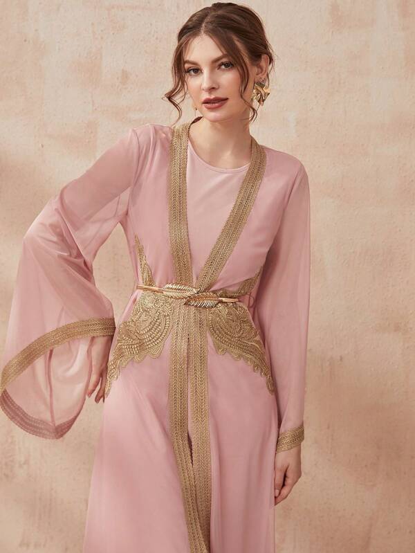 Middle Eastern Abaya Robe Muslim Women's Dress Spring And Summer Abaya Two Pieces Set With Belt Arab Cardigan Robe