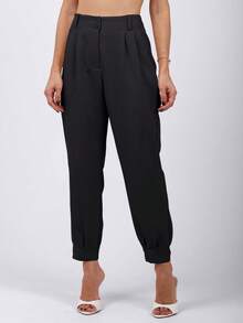Sily Moda Women's Slim Tailored Trousers With Double Covered Buttons And Pleats At The Hem - màu đen - Xem 2