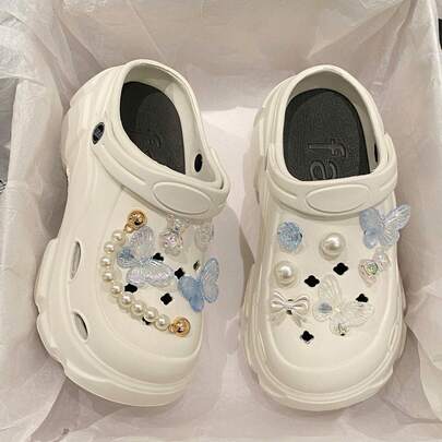 DIY时尚蝴蝶结2025新款春季厚底镂空透气凉鞋女士夏季户外花园鞋可爱卡通EVA沙滩拖鞋适合派对场合四季