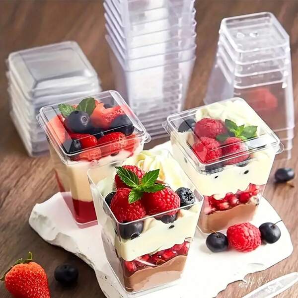 100 Stücke/50 Stücke/25 Stücke/20 Stücke/10 Stücke quadratische transparente Eiscreme/Mousse Becher mit Deckel, Dessertbecher, Pudding Becher Zubehör. Eigenschaften: Tiefe Temperatur und einfache Reinigung, geeignet für Café, Snackbar, Buffet, Zuhause, Gastgewerbe, Küche, Backparty, Pudding, Käsekuchen, Mousse, Gelee.
