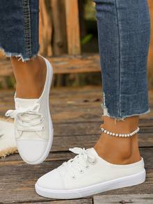 Nuevas zapatillas deportivas de lona blanca talla grande, versátiles zapatos deportivos para estudiantes, zapatos planos de moda para patineta, zapatos blancos casuales con cordones, zapatos deportivos (los zapatos son talla grande pequeños de lo normal, se sugiere pedir una talla talla grande) - Blanco - Ver 7
