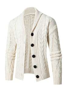 Men's Shawl Collar Buttoned Cardigan Sweater With Texture Knit, Thick Long Sleeve Winter Fisherman Casual Jacket - White - View 3