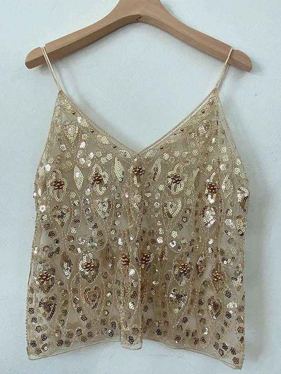 Women Y2K Sequin Cami Top Sparkly V Neck Tank Top Backless Glitter Crop Tops Floral Rhinestone Clubwear - Màu be - Xem 1