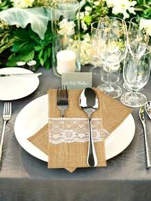 10/20/50 Pcs/Set Linen Cutlery Bags, Linen Knife Fork Bags With Lace, Lace Utensil Holder Bags, Cutlery Napkin Silverware Bags, Christmas Silverware Holders, Wedding Table Decoration, Wedding Decorations, 21*11cm - Brown - View 7