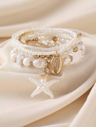 7 件/4 件海洋风格人造珍珠海星贝壳串珠多层手链套装，波西米亚风休闲海滩度假配饰，送给女性的绝佳礼物