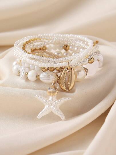7 sztuk/4 sztuk Ocean Style Faux Pearl Starfish Shell Beaded Multilayer Bransoletka Zestaw, Boho Casual Beach Holiday Akcesoria, Świetny Prezent Dla Kobiet