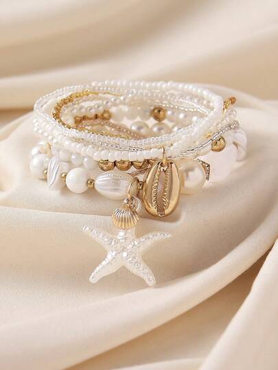 7pcs/4pcs Ocean Inspired Faux Pearl Resin Starfish & Shell Beaded Layered Bracelets Set, Boho For Women, Beach, Vacation, Casual Wear, Holiday Gift