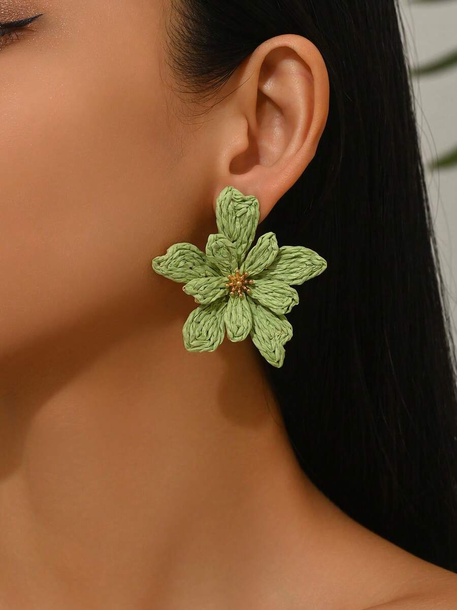1 Đôi bông tai hoa 5 cánh 3D tự làm thủ công, đa năng, làm từ sợi raffia, nhiều màu sắc, kiểu dáng Bohemian, thời trang tối giản, phù hợp cho phụ nữ đeo hàng ngày, đi nghỉ mát và dự tiệc. - màu xanh lá - Xem 1