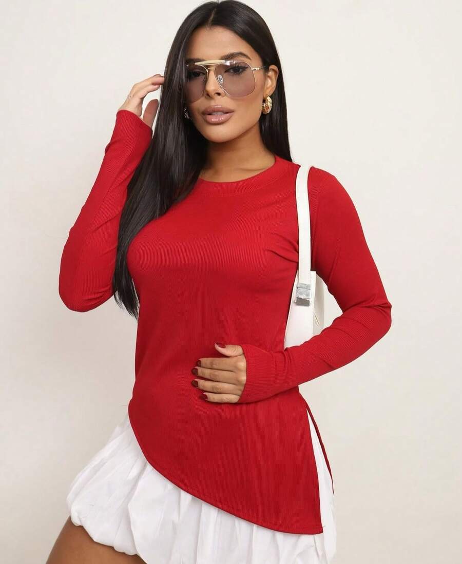 Women's Ribbed Blouse Simple Casual Elegant Split Asymmetric Fall/Winter - Redwood - View 1