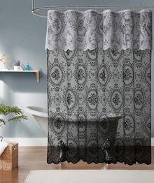 NOIR Gothic Vintage Shower Curtain With Valance For Goth Bathroom Decor - Black With White Valance - View 2