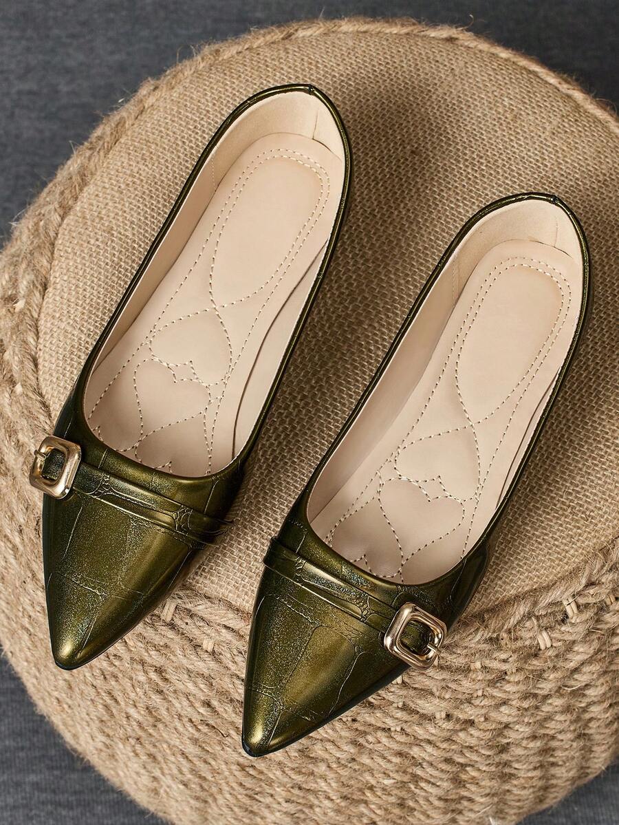 Women's Pointed Toe Casual Flats, Spring/Summer Military Green Color, Suitable For Party, Daily Wear, Outdoors, Versatile - Army Green - View 1