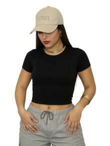 Women's Gym Cropped Top With Sleeves, Suplex, Stylish, Everyday, Training, Running - 黑色 - 查看 1