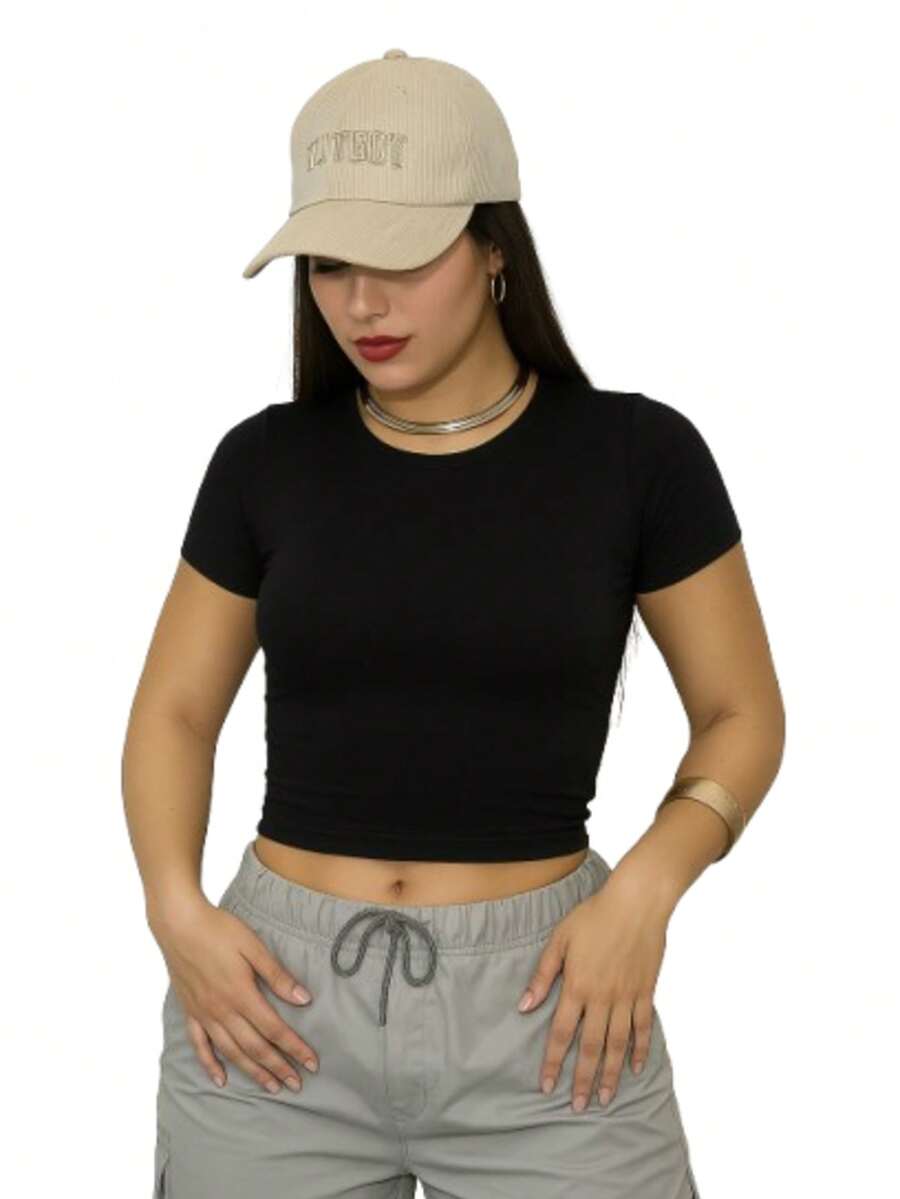 Women's Gym Cropped Top With Sleeves, Suplex, Stylish, Everyday, Training, Running - 黑色 - 查看 1