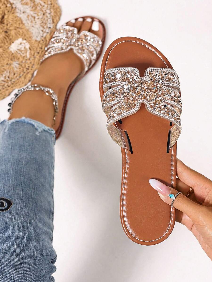 Korean Style Casual Flat Slide Sandals For Women, Open Toe, Woven Roman Style, Summer Spring New Fashion Slippers, Suitable For Dresses, Beach, Outdoor Wear, Brown