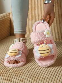 Cute Cartoon Bee Plush Slip-On Slippers, Women Indoor Open Toe Flat House Slides, Lightweight & Comfortable Home Slippers