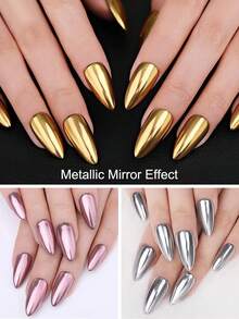 一套金色铬镜美甲粉，金属金色闪粉美甲颜料，包含1支眼影棒和粉 - 銀色 - 查看 6