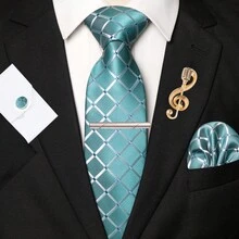 1pc/2pcs/3pcs/4pcs/5pcs Men's Water Duck Blue Plaid Silk Necktie, Patterned Satin Silk Tie, Pocket Square, Cufflinks, Silver Tie Clip And Hexagram, Airplane, Music Note, Lightning Brooch Combo Sets, Great Gift For Men, Suitable For Wedding, Business, Formal, Date, Banquet, Wedding Photo, Graduation Season And More Occasions - Teal Blue - View 21