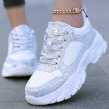 Zapatillas deportivas de mujer con cordones y brillo, zapatos casuales ligeros, zapatos para correr antideslizantes