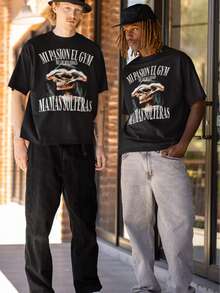 Playera Oversize Para Hombre Calacas Chidas "Mi pasión el gym, mi debilidad mamás solteras" Algodón - Negro - Ver 2