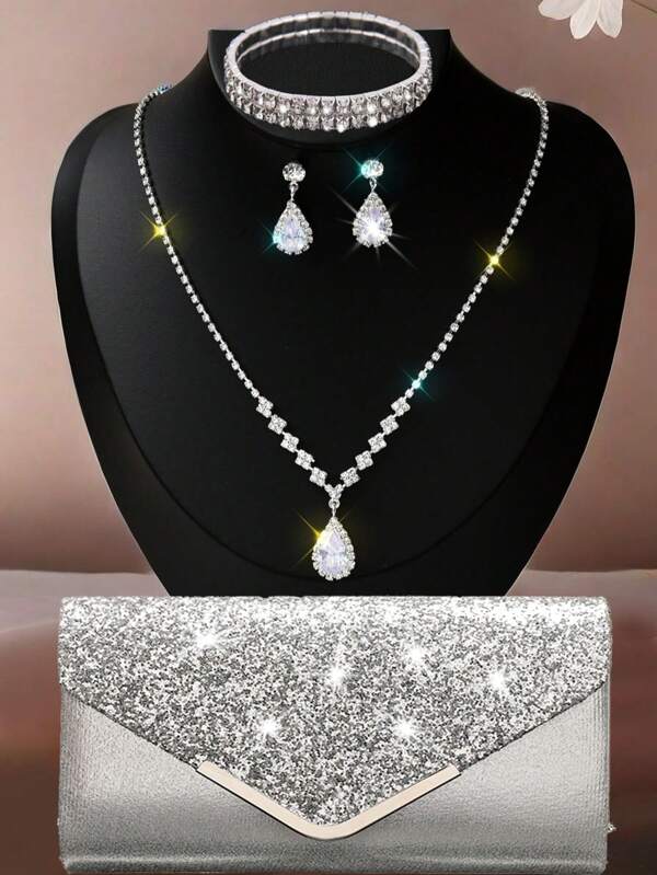 Set van 5 sieraden met strass steentjes, sprankelende ketting, oorbellen, armband, tas, tassenset, avondsieraden voor dames, bruids- en bruiloftsjurk, glanzende Chevron enveloptas met afneembare metalen ketting, schoudertas voor dames, damestas, multifunctionele glittercocktail, feesttas, nieuwe portemonnee, bankettas