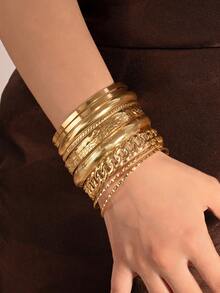 10pcs/Set European & American Vintage Minimalist Bangle Bracelets, Stacking Bangles Assorted Cuff Bracelets Set, Fashion Layered Bracelet Suit For Daily Wear - Gold - View 1