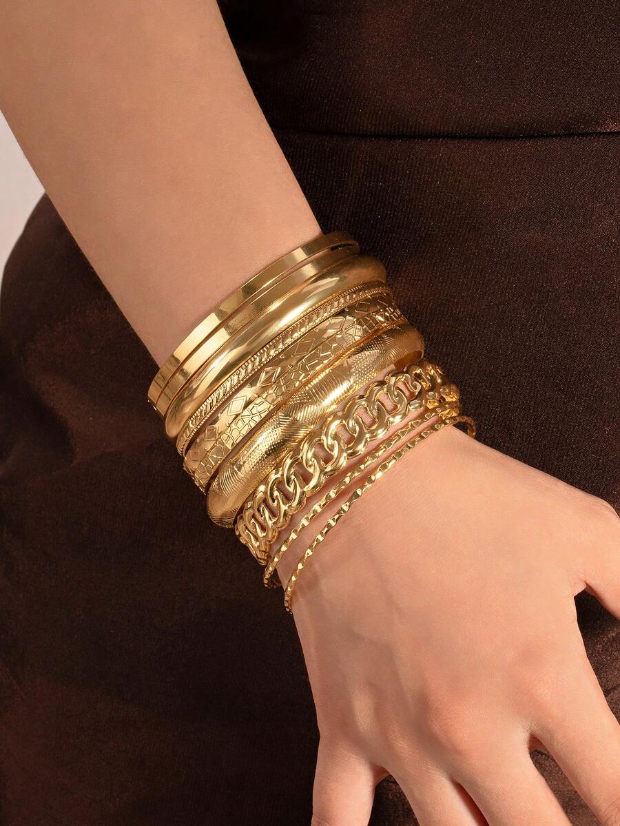 10pcs/Set European & American Vintage Minimalist Bangle Bracelets, Stacking Bangles Assorted Cuff Bracelets Set, Fashion Layered Bracelet Suit For Daily Wear - Gold - View 1