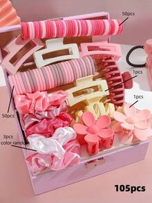 110pcs/Set Dreamy Pink Women Fashion Hair Accessories Set - Includes Floral & Geometric Plastic Hair Clips, Hair Ties, Hair Bands - Suitable For Women & Girls, Essential Valentine's Day Gift, Easy To Style For Casual Daily Looks Or Sweet Party Outfits, Adding Charming Appeal, School Stuff, Flower , Gifts, Cute Accessories, Girly, Hair Bobbles, Head Accessories, Valentines Accessories, Spring - Multicolor - View 17