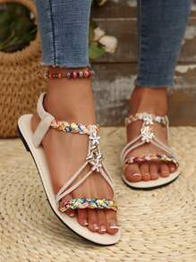 Women's Fashion Roman Style Sandals - Floral Button Design, White Base With Colorful Petal Pattern, Round Toe Flat Heel, Suitable For Summer Casual Wear, Comfortable | Decorative Sandals | Rubber Sole Flip-Flops, With Elastic Strap
