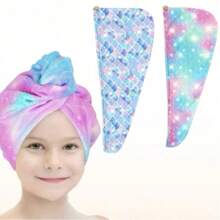 2pcs Microfiber Hair Towel Wrap For Kids 2 Packs Rapid Drying Hair Towel With Button Hair Turbans For Wet Hair Wraps Head Towel Wrap For Girls, Dark Unicorn