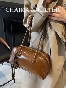 1pc CHAIKA & KILTER Glossy PU Leather Crossbody Bag, Women Fashion Large Capacity Bowling Bag With Dual Handles, Zipper Closure, Suitable For Daily And Outing Use (Sold With Pendant) - Brown - View 6