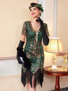 1920s Flapper Dresses For Women, Great Gatsby Dresses With Sleeve Roaring 20s Dress For Harlem Nights, Party Dress, For Cocktail - Green - View 3