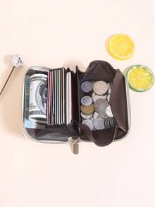 Stylish Litchi Grain Front Card Slot Zipper Mini Coin Purse Suitable For Daily Matching For Women Wallet Mini Wallet Purse Wallet Card Wallet For Men Wallet Keychain Wristlet Wallet - Beige - View 3