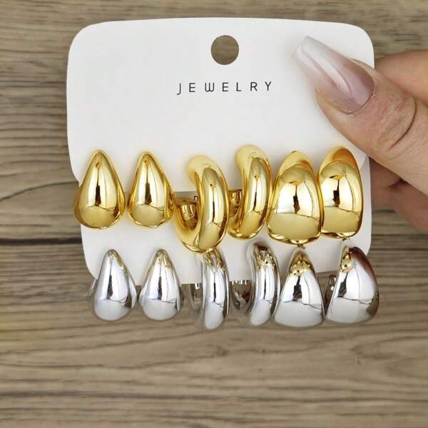 6-12pcs/Set Minimalist Gold & Silver Raindrop C-Shaped Hoop Earrings Set