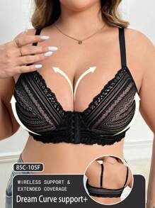 Plus Size Women Front Closure Lace Patchwork Bra, Soft & Comfortable Underwear With Wire