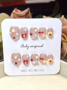 10PCS Pink Press On Nails Cat Eye Short Oval Flower Doudou Nails, Summer Nails, Handmade Press On Nails,Short Nails Home DIY Nail Design Full Coverage Fake Nail Tips Artificial Fingernails For Women And Girls Manicure Supplies Office Daily Wear False Nails, Purely Hand-Wear Nails