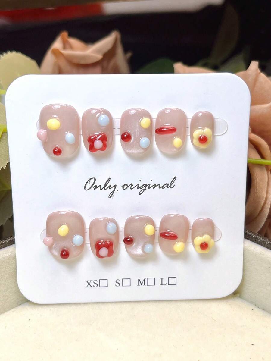 10PCS Pink Press On Nails Cat Eye Short Oval Flower Doudou Nails, Summer Nails, Handmade Press On Nails,Short Nails Home DIY Nail Design Full Coverage Fake Nail Tips Artificial Fingernails For Women And Girls Manicure Supplies Office Daily Wear False Nails, Purely Hand-Wear Nails