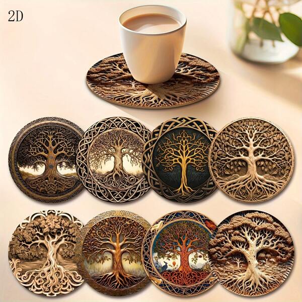 8pcs/Set Tree Of Life Wooden Coaster Set - Non-Slip Drink Mats For Home Office Coffee Shop Restaurant Decor, Perfect Gifts For Friends And Family
