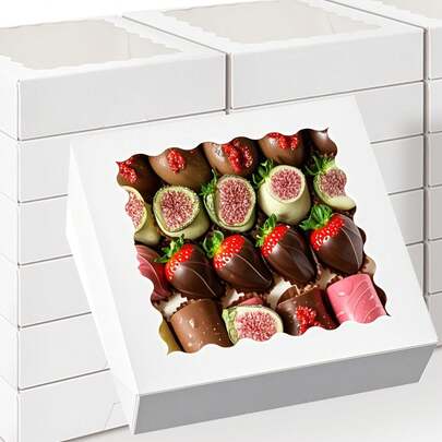 6 件/1 件 8 英寸 X 8 英寸 X 2.5 英寸弹出式巧克力草莓盒，白色带窗口烘焙盒，用于饼干、零食、糕点、易碎心形糖果、甜甜圈、松饼，适合生日、母亲节、派对