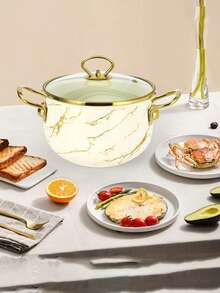 1pc Vintage Enamel Seafood Pot, Soup Pot, Stew Pot, Premium Enamel Soup Pot, Enamel Soup Pot, Marble Pattern Enamel Pot, Black & White Pattern Glass Lid Pot, Enamel Bowl, Suitable For Induction Cooktop & Gas Stove, Large Capacity Premium Household Soup Pot, Stew Pot, Milk Pot, Non-Stick For Induction Cooktop & Gas Stove